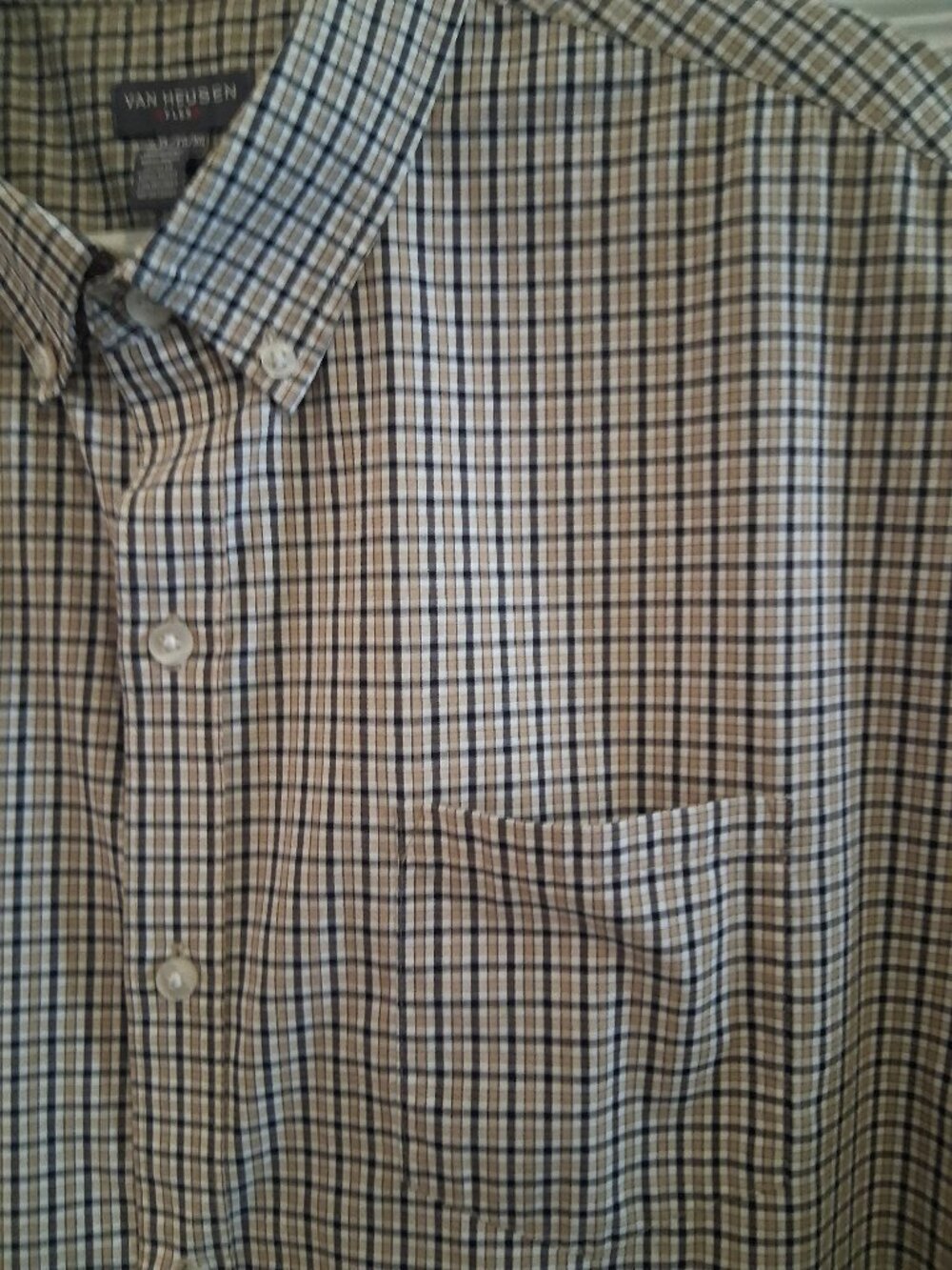 Van Heusen Men's-Short-Sleeve, Button-Down Shirt-Plaid - Black, Tan, Cream- XL